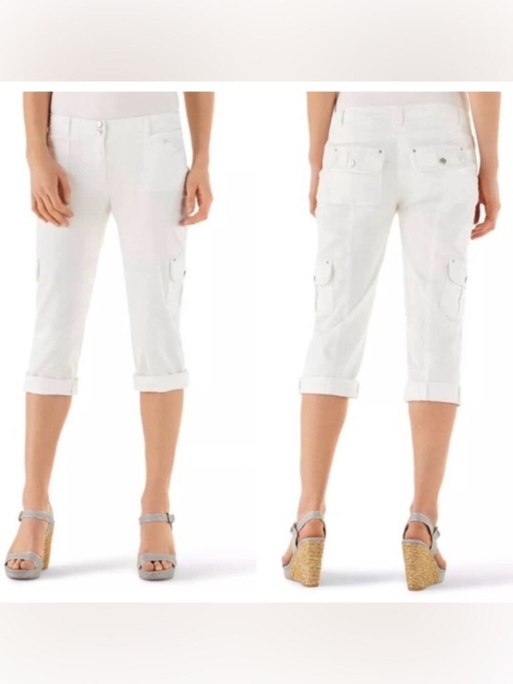 UEC WHITE HOUSE BLACK MARKET WHITE LIGHTWEIGHT ROLL UP CARGO CROPPED PANTS SZ 10